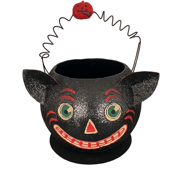 Dept 56 Paper Mache Spooky Black Cat Halloween Bucket Basket Glitter Pail Wire
